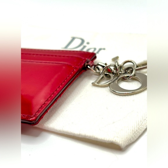 EUC 🎉 DIOR Red Patent Leather Cannage Lady Dior Logo Card Holder with Dust Bag - Picture 8 of 8
